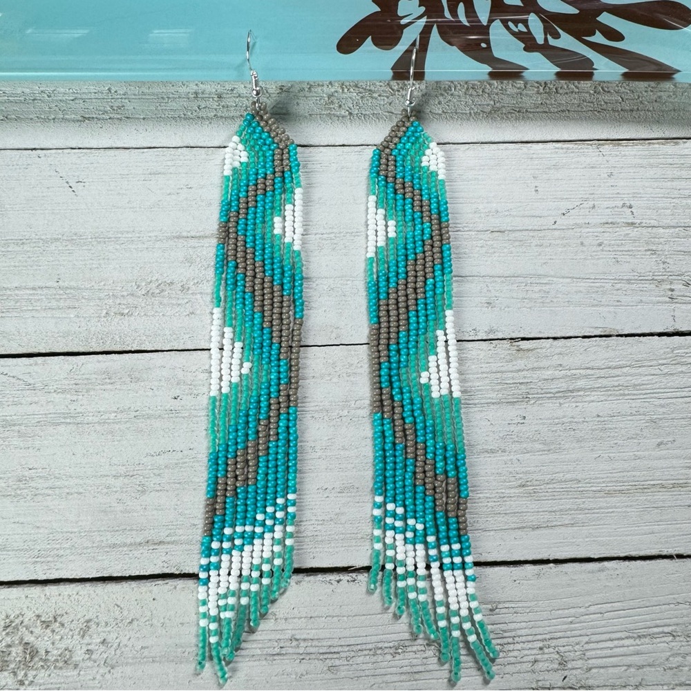 Handmade Seed‎ Bead Beaded Turquoise Native Themed Earrings 6” Long Elegant